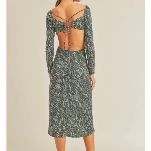 Green Ruffle Sleeve Open Back Midi Dress